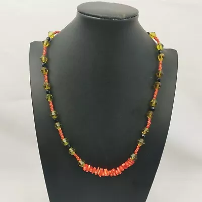 Vintage Necklace Natural Coral And Czech Crystals  Free Shipping • $49