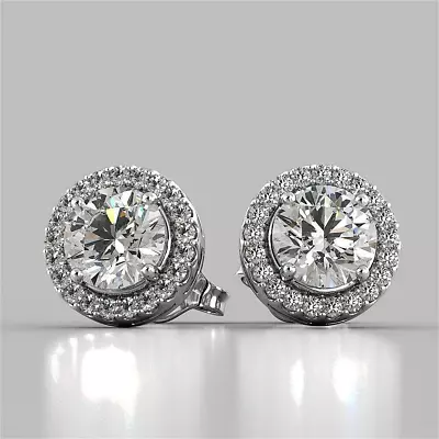 4 Ct Round Cut Lab Created Halo FL/D Stud Earrings 14K White Gold 8mm Push Back • $69.95