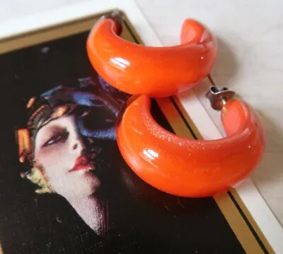 Hand Crafted 3cm Long Zsiska Orange Sparkle Resin Hoop Post Earrings • $32