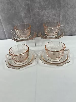 4 Vintage Indiana Glass Company Madrid Recollection Pink Set Of 4 Cups&Saucers • $21.97