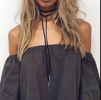 £3.50 • Buy ❤️ UK Black Bow Tie Long String Choker Necklace Silver Spike Spiky End Fast Post