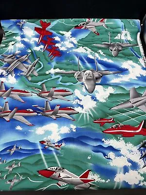 Air Show Cotton Fabric Blue Green Vintage Airplanes 1 Yd 28  By 43  • $14.39