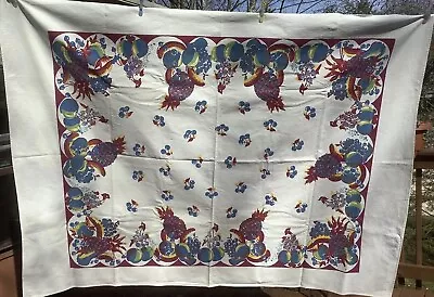 Vintage 1950s Tablecloth Fruit Printed Cotton  Pineapples Cherries Blue Burgundy • $14.95