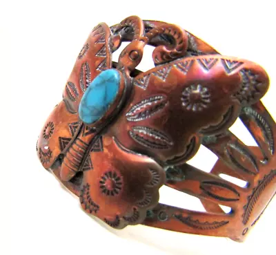 Signed Vintage Large Solid Copper Butterfly Blue Turquoise Ornate Cuff Bracelet • $38