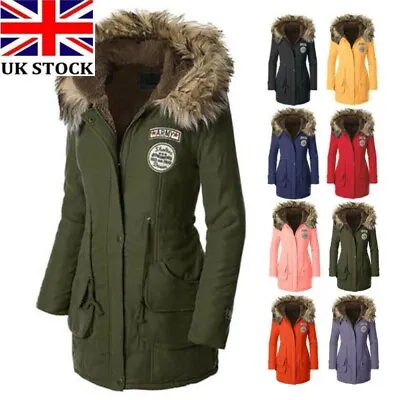 £14.99 • Buy Womens Warm Long Coat Fur Collar Hooded Jacket Slim Winter Parka Outwear Size UK