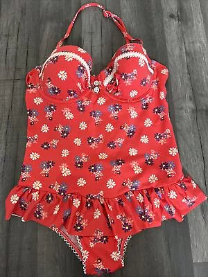 Ladies Floral Halter Neck Coral Frost French Floozie Swimsuit Costume Size 8 C/D • £14.99