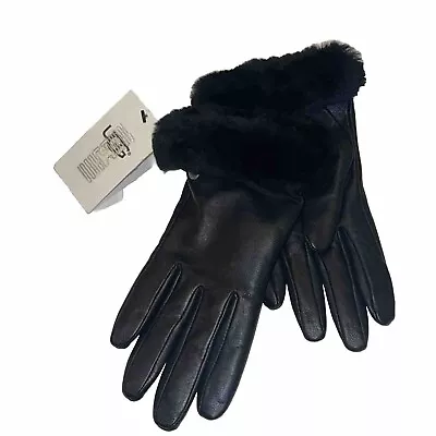 NWT New Womens UGG Black Shearling Shorty Trim Leather Gloves In Black M • $50