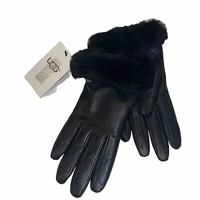 NWT New Womens UGG Black Shearling Shorty Trim Leather Gloves In Black S • $50