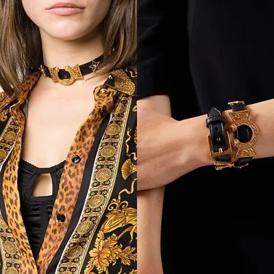 NEW $650 VERSACE RUNWAY Black Leather WESTERN HORSESHOE Wrap BRACELET Or CHOKER • $465