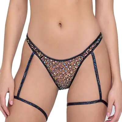Sequin Fishnet Garter Shorts Low Rise Iridescent Shimmer Bikini Black 6226 • $29.69