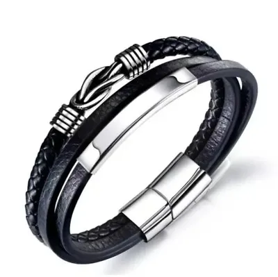 Infinity Knot Men's Leather Bracelet In Black | Stainless Steel Mens Bracelets • £7.85