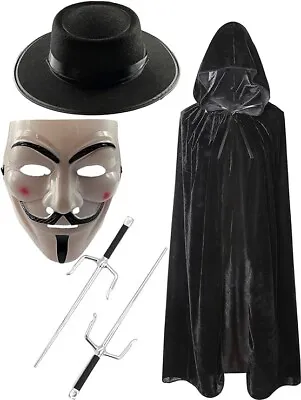 Adult V For Vendetta Guy Fawkes Anonymous Hacker Mask Hooded Cape Hat & Sais • £5.85