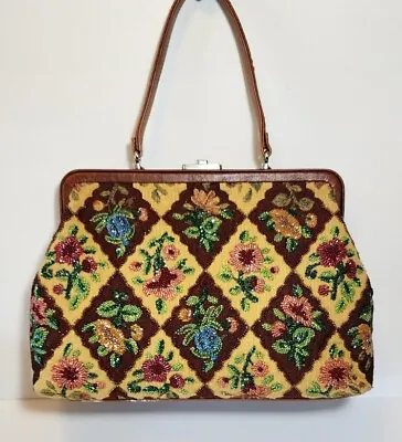 Isabella Fiore Floral Tapestry Glass Bead Embellished Leather Shoulder Bag $495 • $199