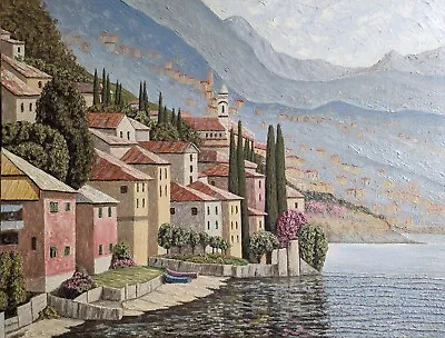 Large Oil Painting Italian Cityscape Lake Como View 24 X 32  • £613.64