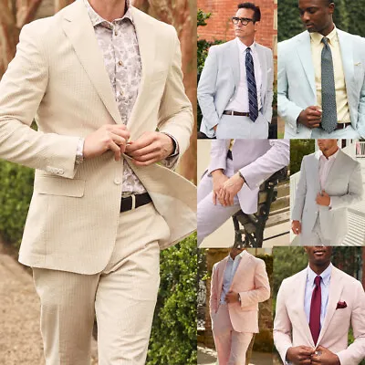 Leisure Seersucker Men's Suits 100% Cotton Sports Fit Wedding Tuxedos 2 Pieces • $83.69