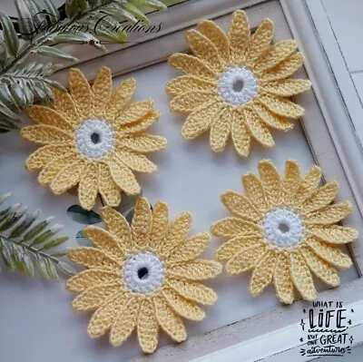 4 Big Handmade Yellow Crochet Daisy Flowers Applique Craft Scrapbooking Sewing • £6.09