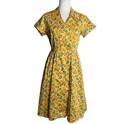 Bettie Page Las Vegas Retro Swing Dress M Yellow Paisley Pinup Buttons Pockets • $44