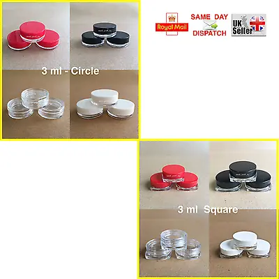 CIRCLE & SQUARE 3ml SCREW TOP JAR POT CONTAINER CRAFT NAIL TRAVEL SAMPLE • £13.99