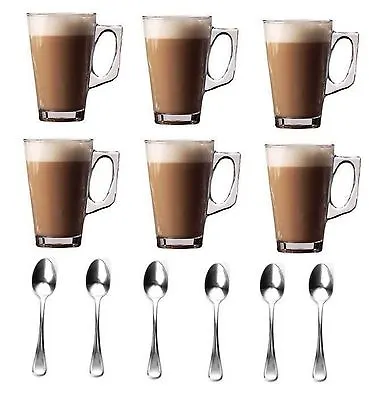 Set Of 6 Latte Cups Glasses Cappuccino Coffee Tea Cup Mugs Cafe Bar + 6 Spoons • £12.99