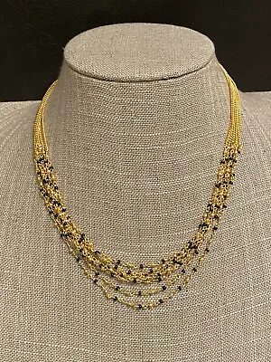 Gold Tone Necklace Multi Chain Faceted Delicate Mini Black Beads 16  Choker New • $19.95