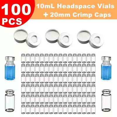 100PCS Lab Sample Vials 10ml Small Glass Bottle Mini Jars+Aluminum Crimp Lid Top • $31.27