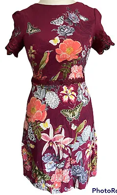 Oasis Plum Floral & Butterfly Dress UK 8 Short Sleeves Fit & Flare  • £10