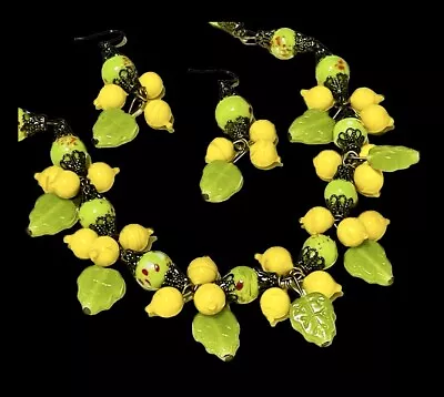 Vintage Glass 🍋 Lemons Leaves Fruit Salad Necklace Earrings Set Italian Jewelry • $59.99