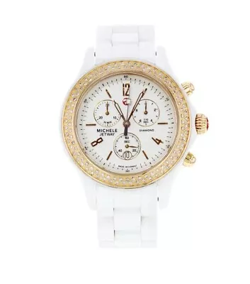 Michele Jetway Women’s White Ceramic Diamond Gold Swiss Quartz Chronograph Watch • $1000