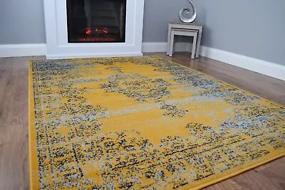 New Modern Traditional Faded Grey Gold Rug Large Small Living Room Mat Cheap UK • £12.99