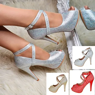 £20.95 • Buy Ladies Peep Toe Platform Court Shoes Ankle Strap Diamante Strappy Evening Heels