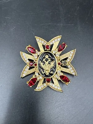 Russian Maltese Cross Rhinestone Enamel Pearl Crown Eagle Brooch Pin Pendant Red • $39.99