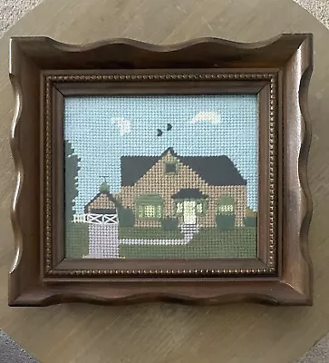 Vintage Needlepoint Wall Art Embroidered House Country Home Wood Framed W/Glass • $14.99