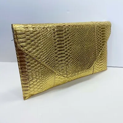 Gold Tone Crocodile Pattern Faux Leather Envelope Clutch Bag Purse Handbag • $29.99