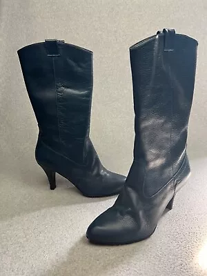 Vintage Otto Et Moi Blue Leather Western Heels Boots Womens 39.5 Euro / 8.5 US • $34.22