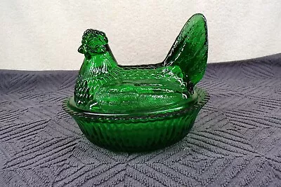 Vintage Glass Hen On Nest Chicken In Green Color Candy Dish • $18.50
