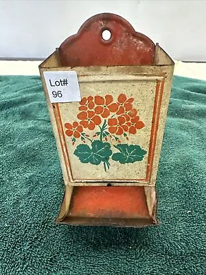 Vintage Floral Red Tin Match Safe ~ Match Box Holder ~ Wall Mounted • $15