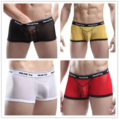 Sexy Mens Mesh See Through Stretch Boxer Briefs Shorts Trunks LingerieUnderwear • £4.90