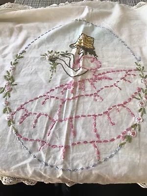 Vintage Hand Embroidered Doily & Runner Women Figures Estate Find Crochet & Lace • $8