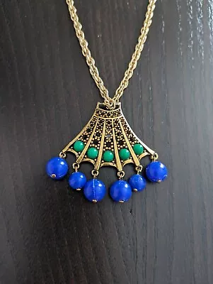 Vintage Large Gold Toned Pendant Necklace Blue Green Beads Chunky • $5.99