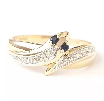 Solid 9ct Gold Natural Sapphire & Chip Diamond Serpent Snake Ring. Size O. 9K • $249