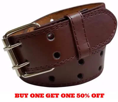 Genuine Leather Two Row Double Row Prong Holes Casual Brown Belt Size M / L / XL • $7.95