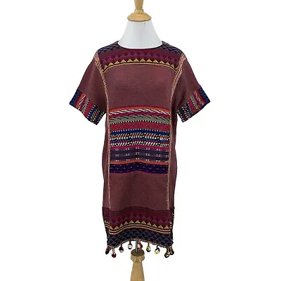 Zara Trafaluc Shift Dress Womens S Tribal Ethnic Woven Tunic Tapestry Tassel • $33.95