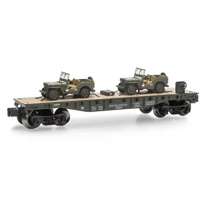 O Gauge Flat Car - U.S. ARMY FLAT CAR W/2 JEEPS - New Item - Free Shipping • $35.99