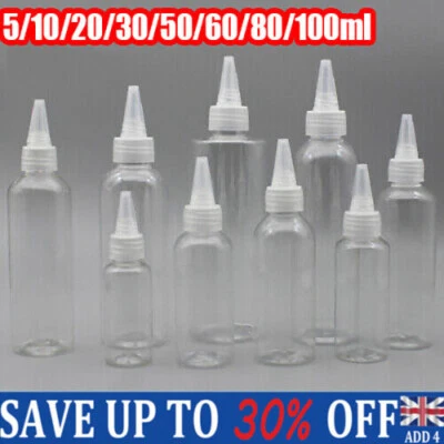 £3.95 • Buy 5-100ml Twist Top Empty Bottles Plastic Nozzle Dropper Caps Spout Clear  FL