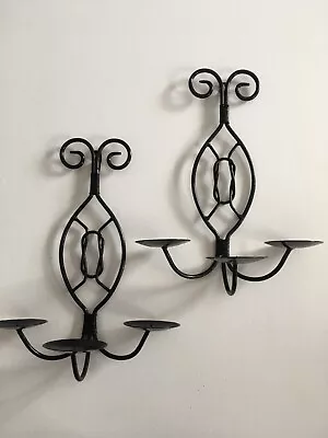 Vtg  Pair Of  2  Large 17   Tall Black  Wrought Iron Wall Mounted Candle Holders • £20