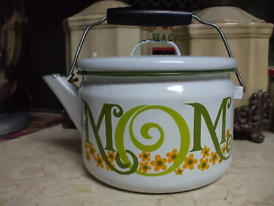 $32 • Buy Vintage Enamel Teapot Tea Kettle Lid Wood Handle/Daisy ~ MOM Logo ~ Mothers Day