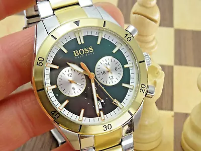 HUGO BOSS 44mm Mans Green Dial Designer Chronograph Two Tone Bracelet Wristwatch • £34