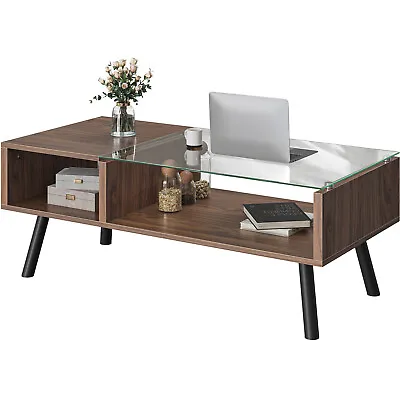 Modern Tempered Glass-Top Coffee Table Center Tea Table With Open Storage Shelf • $66.99