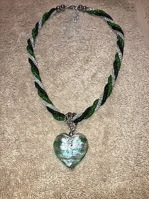 Rare Antique Vtg Murano Venetian Emerald Stripe Glass Heart Dangle Necklace 💚 • $55