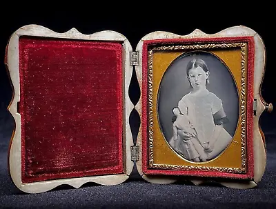 Very Rare 1/9 Plate Daguerreotype - Pretty Girl &  Doll - In A Mop & Shell Case • $450